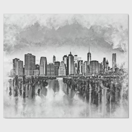 New York City Manhattan Skyline - zwart-wit Cadeaupapier (Vlak)