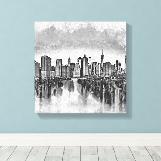 New York City Manhattan Skyline - zwart-wit Canvas Afdruk (Insitu (Houten vloer))