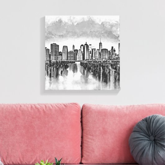 New York City Manhattan Skyline - zwart-wit Canvas Afdruk (Insitu (Woonkamer))