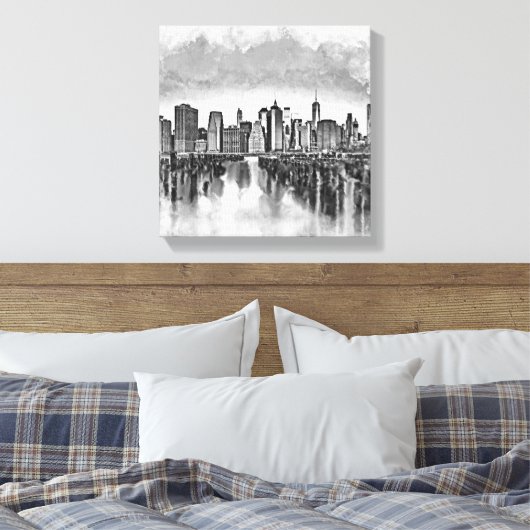 New York City Manhattan Skyline - zwart-wit Canvas Afdruk (Insitu (Slaapkamer))