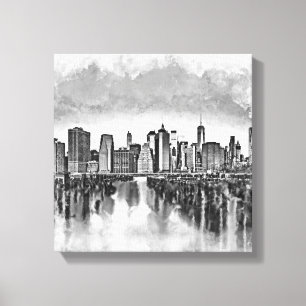 New York City Manhattan Skyline - zwart-wit Canvas Afdruk