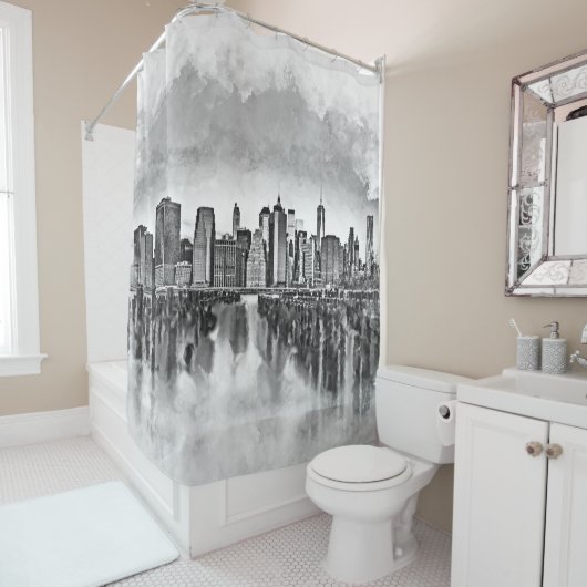 New York City Manhattan Skyline - zwart-wit Douchegordijn (In situ)