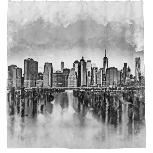 New York City Manhattan Skyline - zwart-wit Douchegordijn (Voorkant)