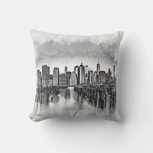 New York City Manhattan Skyline - zwart-wit Kussen (Voorkant)