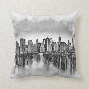 New York City Manhattan Skyline - zwart-wit Kussen