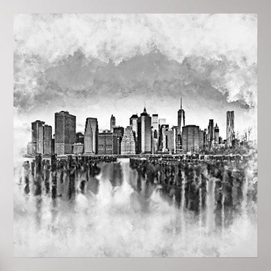 New York City Manhattan Skyline - zwart-wit Poster (Voorkant)