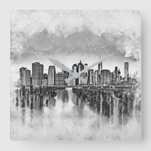New York City Manhattan Skyline - zwart-wit Vierkante Klok