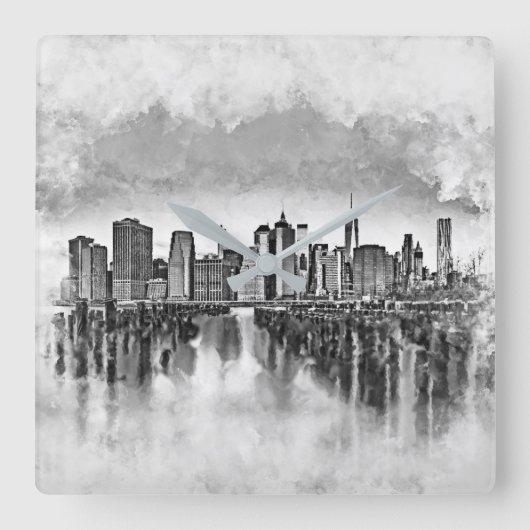 New York City Manhattan Skyline - zwart-wit Vierkante Klok (Voorkant)