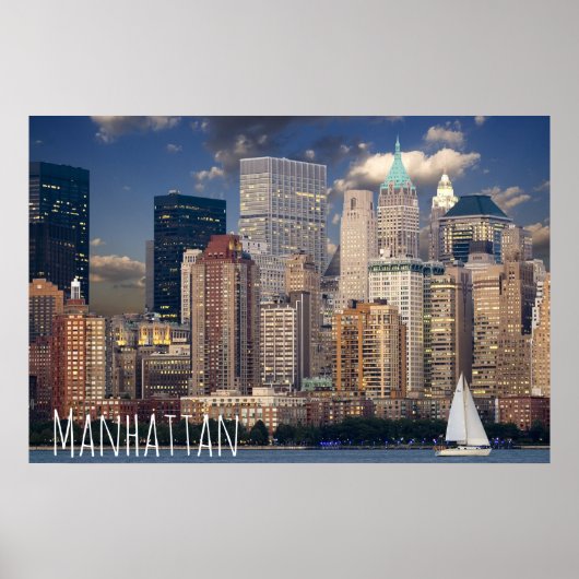 New York City Manhattan Skylne in Night Briefkaart Poster (Voorkant)