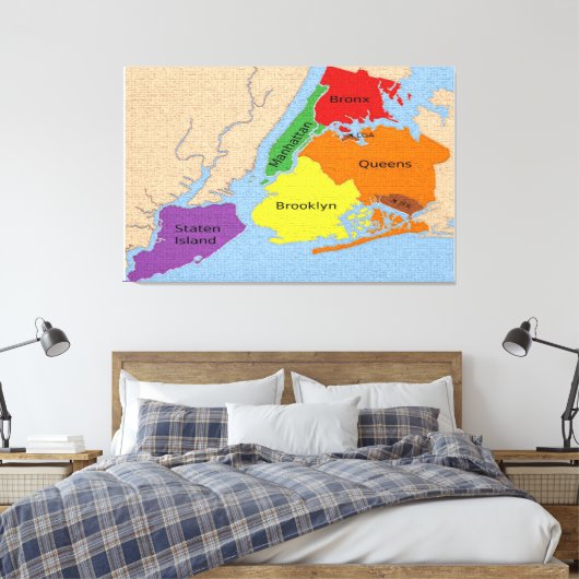 New York City Map Boroughs Stretched Canvas Print (Insitu (Slaapkamer))