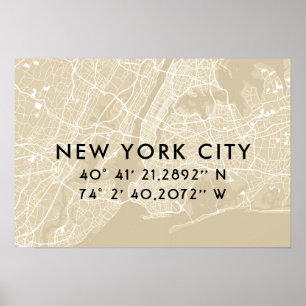 New York City Map Custom Coordinates Beige Poster