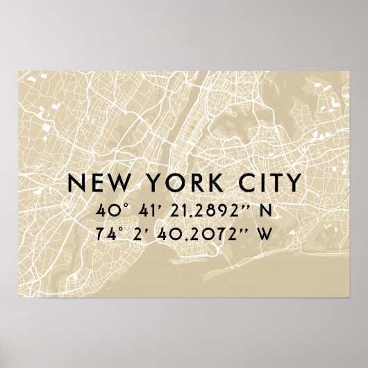 New York City Map Custom Coordinates | Beige Poster (Voorkant)