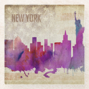 New York City, NY   Waterverf City Skyline Glazen Onderzetter