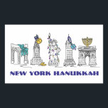 New York City NYC Happy Hanukkah Chanukah Holiday Rechthoekige Sticker<br><div class="desc">Met een originele pen-en-inkt illustratie van de verschillende landmerken van New York City die "gekleed" zijn voor het vakantieseizoen. Ideaal voor Hanukkah! Deze illustratie van Chanoeka is ook beschikbaar op andere producten. Zie je niet wat je zoekt? Hulp nodig bij aanpassingen? Neem contact op met Rebecca om iets voor je...</div>