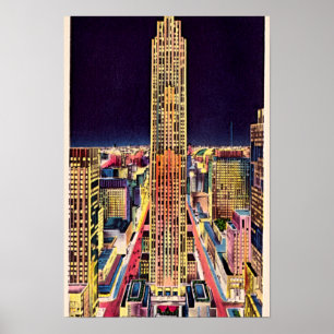 New York City Rockefeller Center bij nacht 1940 Poster