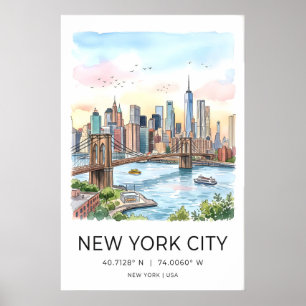 New York City Silhouet Afdruk - Aquarel met Poster