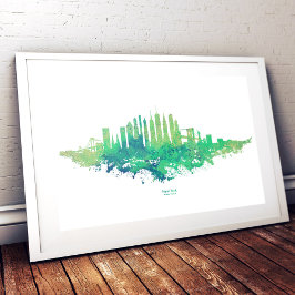 New York City Silhouet Aquarel in blauw en groen Foto Afdruk