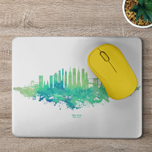 New York City Silhouet Aquarel in blauw en groen Muismat