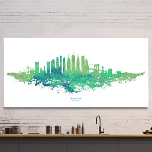 New York City Silhouet Aquarel in blauw en groen Poster