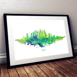 New York City Silhouet Aquarel in blauw en limoen Foto Afdruk