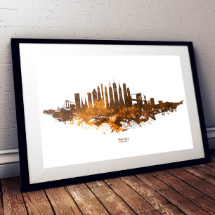 New York City Silhouet Aquarel in oranje Foto Afdruk
