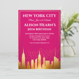 New York City Silhouet Verjaardagsfeest Roze & Gou Kaart