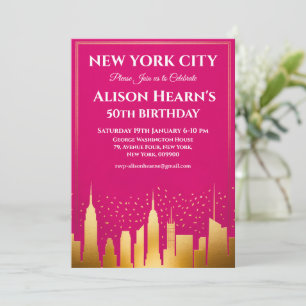 New York City Silhouet Verjaardagsfeest Roze & Gou Kaart