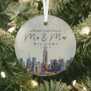 New York City Silhouette Eerste Kerstmis Als Menee Glas Ornament