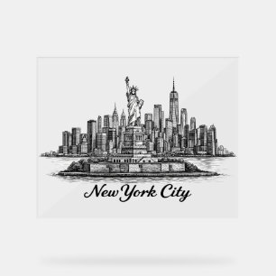 New York City Silhouette Lijn Kunst Illustratie Acryl Bord