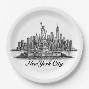 New York City Silhouette Lijn Kunst Illustratie Papieren Bordje