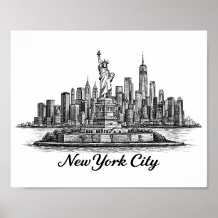 New York City Silhouette Lijn Kunst Illustratie Poster