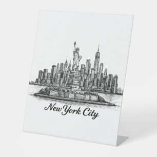New York City Silhouette Lijn Kunst Illustratie Reclamebord Met Voetstuk