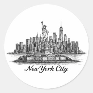 New York City Silhouette Lijn Kunst Illustratie Ronde Sticker