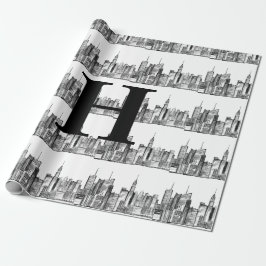 New York City Simple Elegant Black White Monogram Cadeaupapier