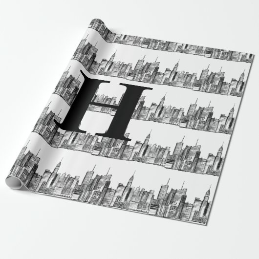 New York City Simple Elegant Black White Monogram Cadeaupapier (Uitgerold)
