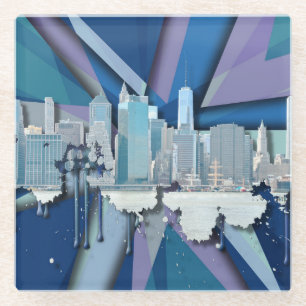 New York City Skyline   Blauw 3D Glazen Onderzetter