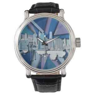 New York City Skyline   Blauw 3D Horloge