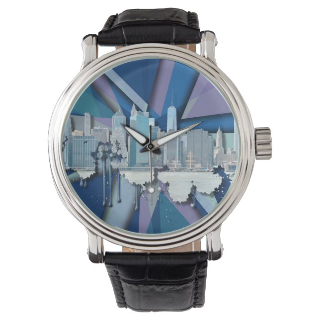 New York City Skyline | Blauw 3D Horloge (Voorkant)