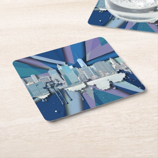 New York City Skyline | Blauw 3D Kartonnen Onderzetters (Schuin)