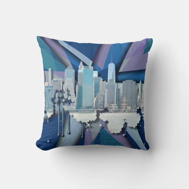 New York City Skyline | Blauw 3D Kussen (Voorkant)