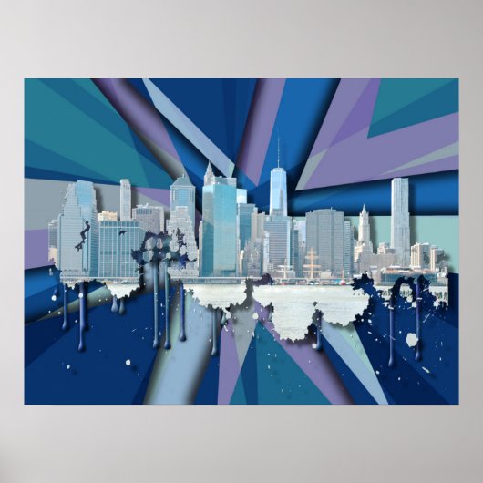 New York City Skyline | Blauw 3D Poster (Voorkant)