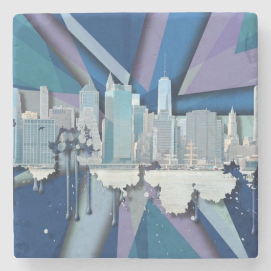 New York City Skyline | Blauw 3D Stenen Onderzetter (Voorkant)