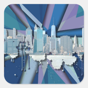 New York City Skyline   Blauw 3D Vierkante Sticker