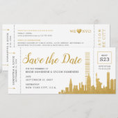 New York City Skyline Boarding Pass Save Date Kaar Aankondiging (Voorkant / Achterkant)