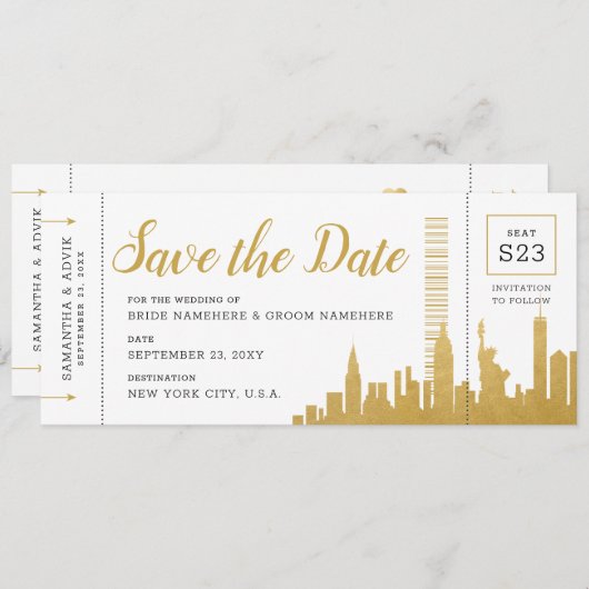New York City Skyline Boarding Pass Save Date Kaar Aankondiging (Voorkant / Achterkant)