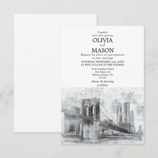 New York City Skyline Brooklyn Wedding Invitation Kaart (Voorkant / Achterkant)
