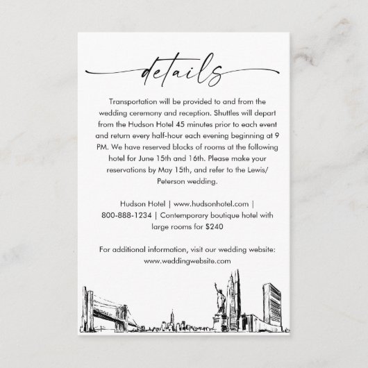 New York City Skyline bruiloft details Kaart, 3.5x Informatiekaartje (Voorkant)