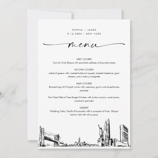 New York City Skyline Bruiloft Diner Menu Kaart 5x (Voorkant)
