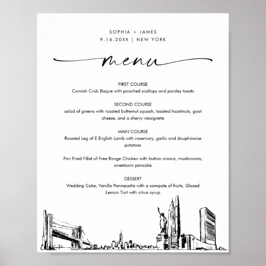 New York City Skyline Bruiloft Menu Sign Poster (Voorkant)
