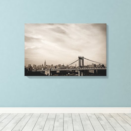 New York City Skyline en Manhattan Bridge Canvas Afdruk (Insitu (Houten vloer))